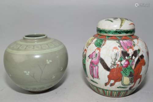 19th C. Chinese Wucai and Pea Glaze Jar