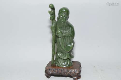 19-20th C. Chinese Spinach Jade Carved Shoulao