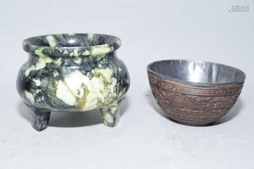 19-20th C. Chinese Jade Censer and Coconut Bowl