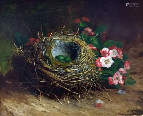 Abel Hold (1815-1891) Oil on board Study of bird's nest with eggs and pink blossom, signed and dated