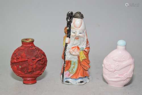 Group of Chinese Porcelain and Cinnabar Snuff Bottle