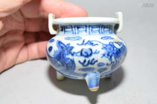 Qing Chinese Blue and White Censer in Ming Style
