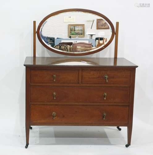 Late 19th/early 20th century dressing chest with oval mirror, two short above two long drawers, on