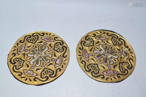 Pair of Chinese Gold Thread Embroideries