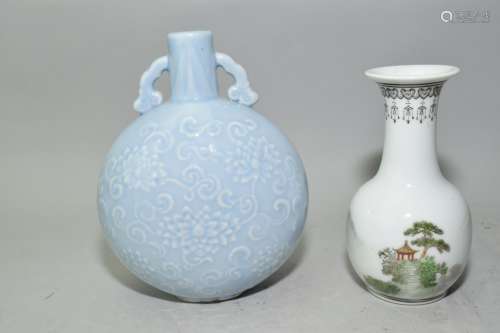 Chinesse Sky Blue Glaze and Famille Rose Vases