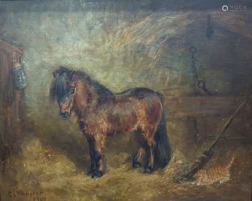 Gertrude L Whelpton (20th century)  Oil on canvas Dartmoor pony in stable, signed and dated 1901, 39