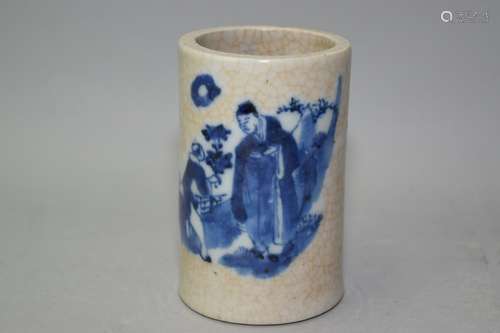 19th C. Chinese Faux Ge Glaze B&W Brush Pot