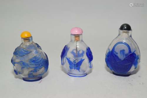 Three Chinese Blue & White Peking Glass Snuff Bottle