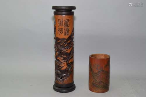 Chinese Bamboo Carved Incense Holder and Brush Pot