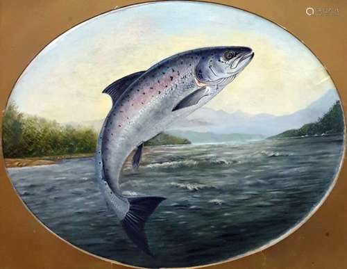 Unattributed Oil on canvas Leaping salmon, oval 33 x 42cms