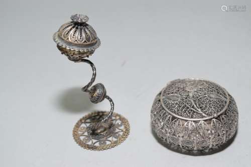 Two 19th C. Chinese Silver Weaved Incense Holders