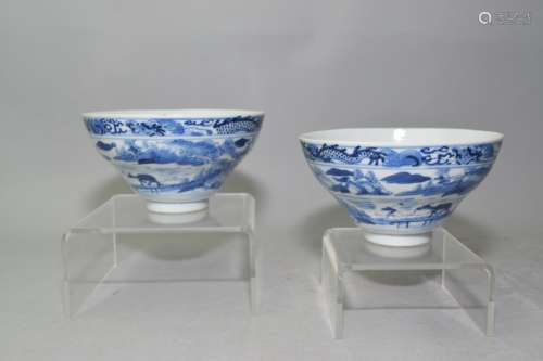 Pair of Qing Chinese B&W Ogee Bowls, Kangxi Mark