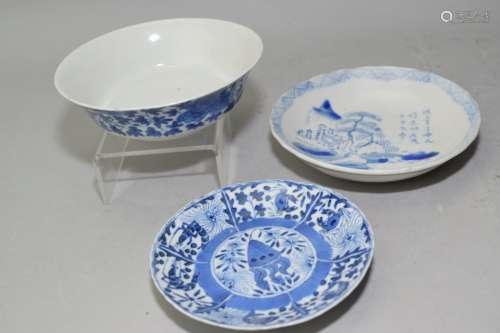 Three Qing Chinese Blue and White Wares