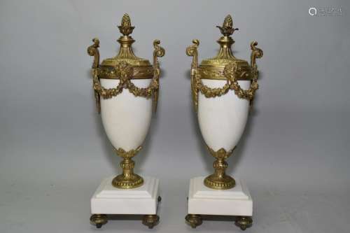 Pair of French Style Marble Vases on Stand