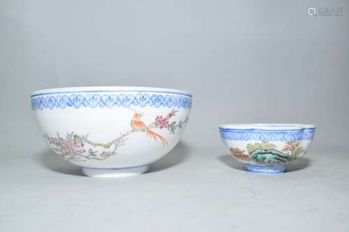 Two 20th C. Chinese Famille Rose Egg Shell Bowls