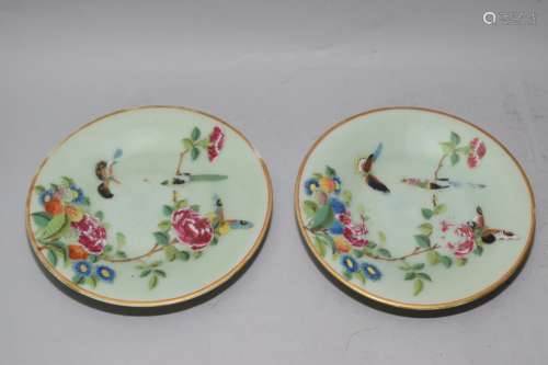 Pair of Qing Chinese Pea Glaze Famille Rose Plates