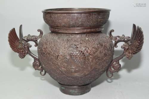 19th C. Japanese Bronze High Relief Carved Censer
