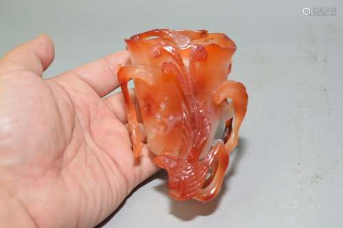 Qing Chinese Red Agate Carved Jue Cup