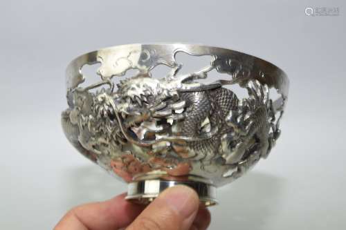 19th C. Japanese Sterling Silver Dragon Bowl