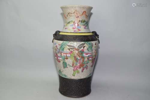 19th C. Chinese Faux Ge Glaze Famille Rose Vase