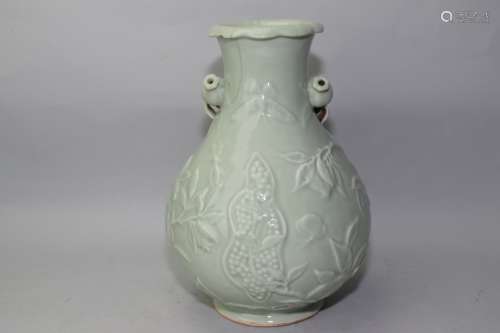 Qing Chinese Pea Glaze Relief Carved Zun Vase