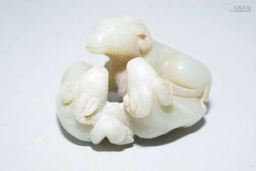 Chinese Greenish White Jade Carved Goats