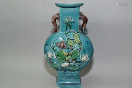 Late Qing Chinese FaHua Glaze Carved Vase