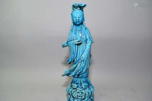 Qing Chinese Peacock Blue Glaze Guanyin