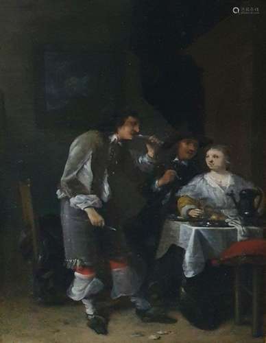 Unattributed Oil on panel Tavern scene with woman at table in conversation with two men , 26 x