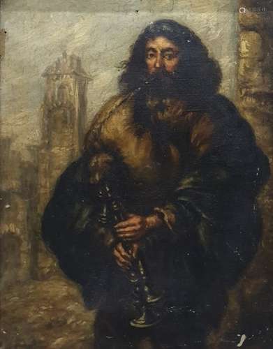 Unattributed (19th century)  Oil on canvas Continental bearded figure with bagpipes, buildings in