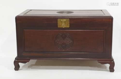 20th century Chinese camphorwood lined chest with carved shou symbol to the top and front, the whole