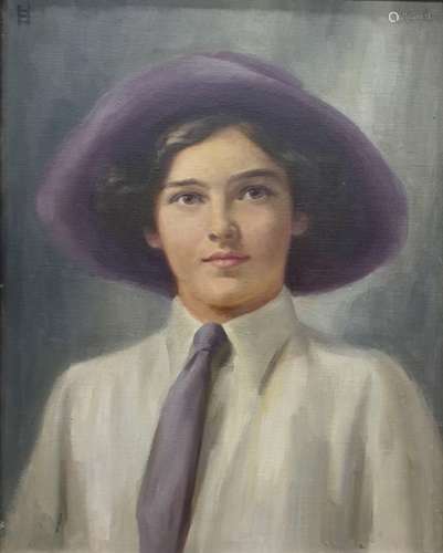 Unattributed Oil on canvas monogrammed Early 20th century portrait of a Suffragette wearing purple