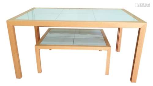 Modern glass-top dining table and two matching side tables and a coffee table (4)