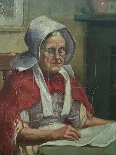 J F Jones Oil on board Study of lady in white bonnet, red shawl, reading paper, signed lower