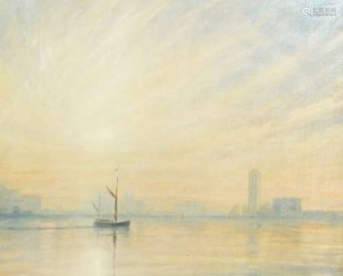 Derek Hare oil on canvas Approaching Canary Wharf, sailing boats on the Thames, sunset behind London