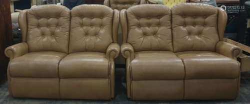 Two two-seaters sofas and a single armchair by Sherborne in pale brown button-back leather