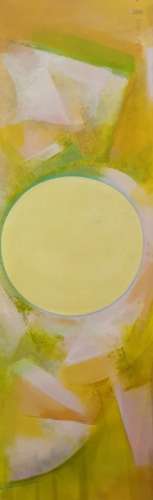 Peter White (20th century)  Oil on canvas  Abstract, yellow circle on background, signed and
