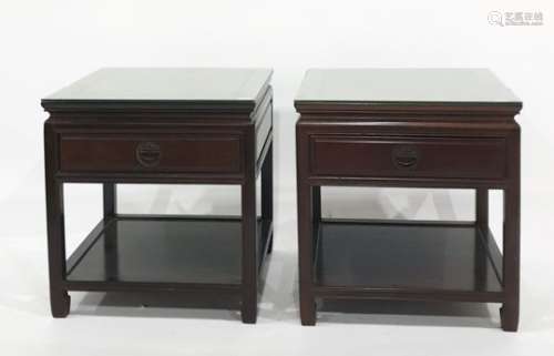 Pair of Chinese hardwood square side tables with single drawer and united undertiers