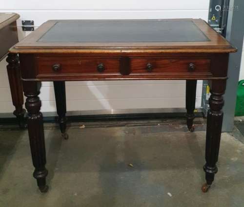 19th century mahogany desk with black leather inset top, moulded edge, two drawers, on turned and