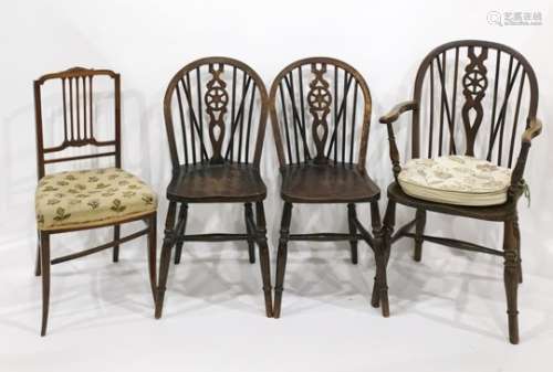 Wheelback carver chair, two further wheelback chairs and a bedroom chair (4)