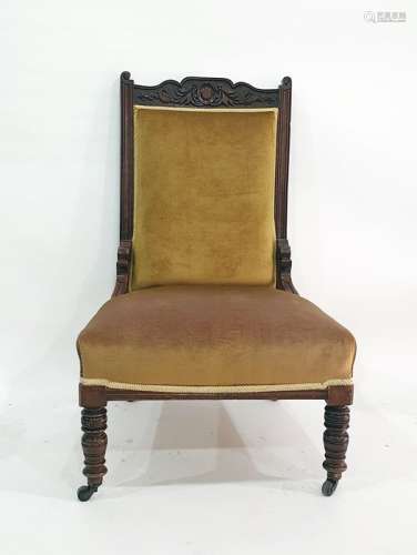 19th century walnut framed salon chair on turned front legs to castors