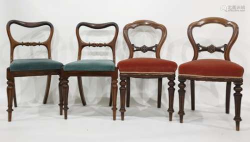Set of four rosewood framed dining chairs on turned and carved front supports to peg feet and