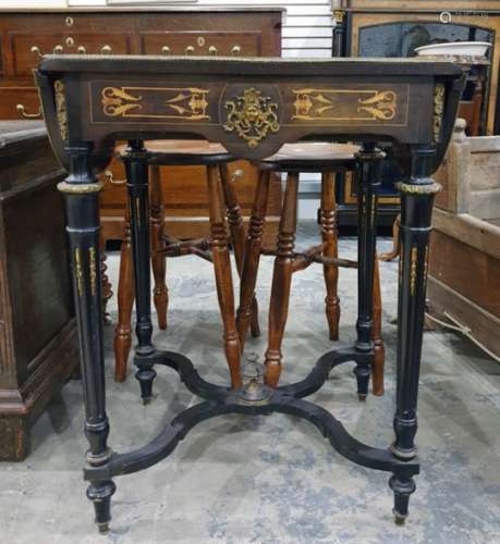 Victorian ormolu mounted inlaid and ebonised side table, the shaped top with pair drop D-ends, all