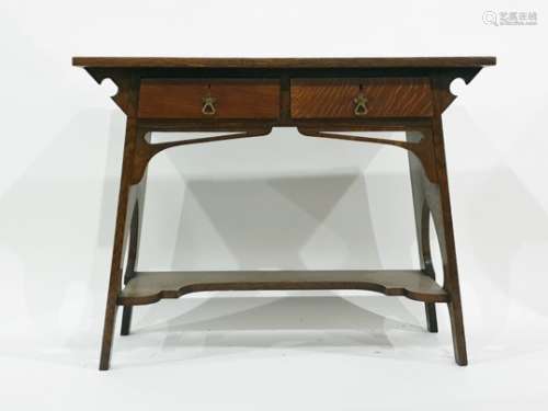 Early 20th century oak Arts & Crafts desk, the rectangular top above two drawers, supported by