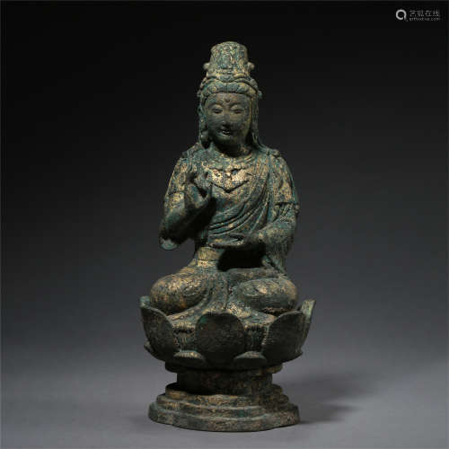 CHINESE GILT BRONZE SEATED GUANYIN ON LOTUS STAND