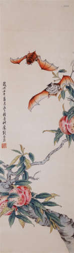 CHINESE SCROLL PAINTING OF BAT AND PEACH
