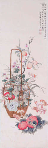 CHINESE SCROLL PAINTING OF PEACH IN BASKET