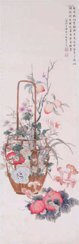 CHINESE SCROLL PAINTING OF PEACH IN BASKET