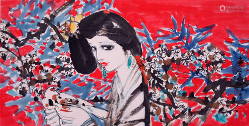 CHINESE SCROLL PAINTING OF GIRL WITH FLOWER