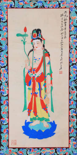 CHINESE SCROLL PAINTING OF STANDING GUANYIN WITH LOTUS